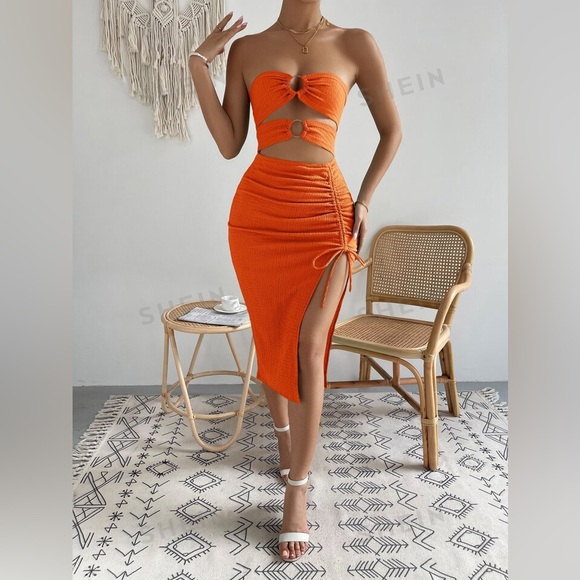 SHEIN Privé Ring Linked Cut Out Drawstring Split Thigh Tube Dress - Picture 2 of 4